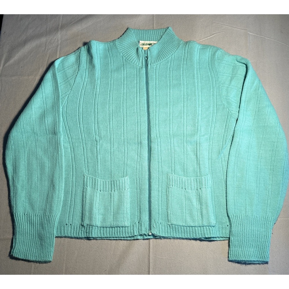 Vintage Sears JR Bazaar Aqua Blue Full Zip Ribbed Cardigan Sweater Mock Neck L